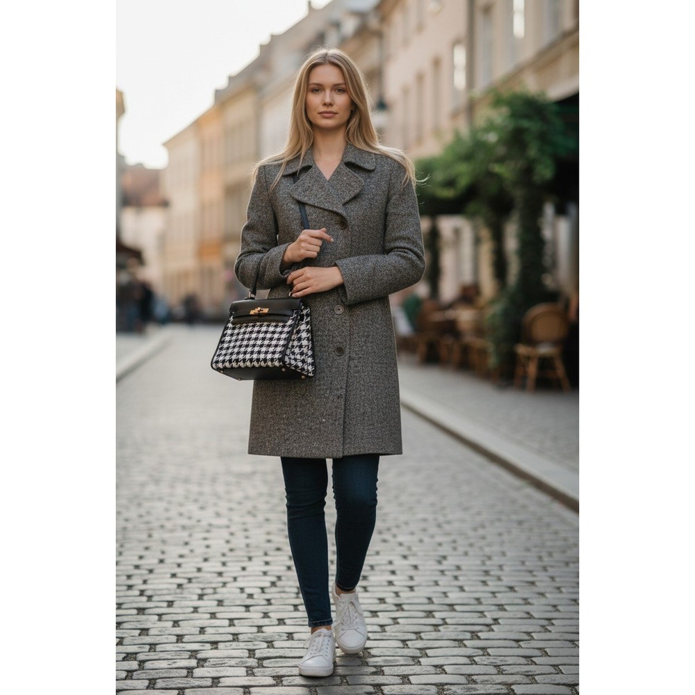 Barneys New York Wool Herringbone Double Breasted Pea Coat Gray Brown Made Italy